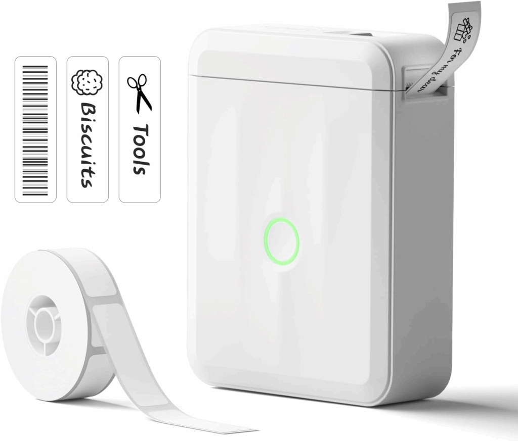 Compact white Bluetooth label printer with a roll of labels and sample labels reading Biscuits and Tools